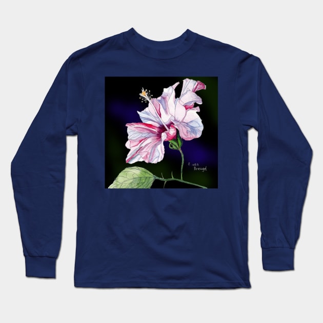 Pale Pink Hibiscus against a dark background Long Sleeve T-Shirt by esvb